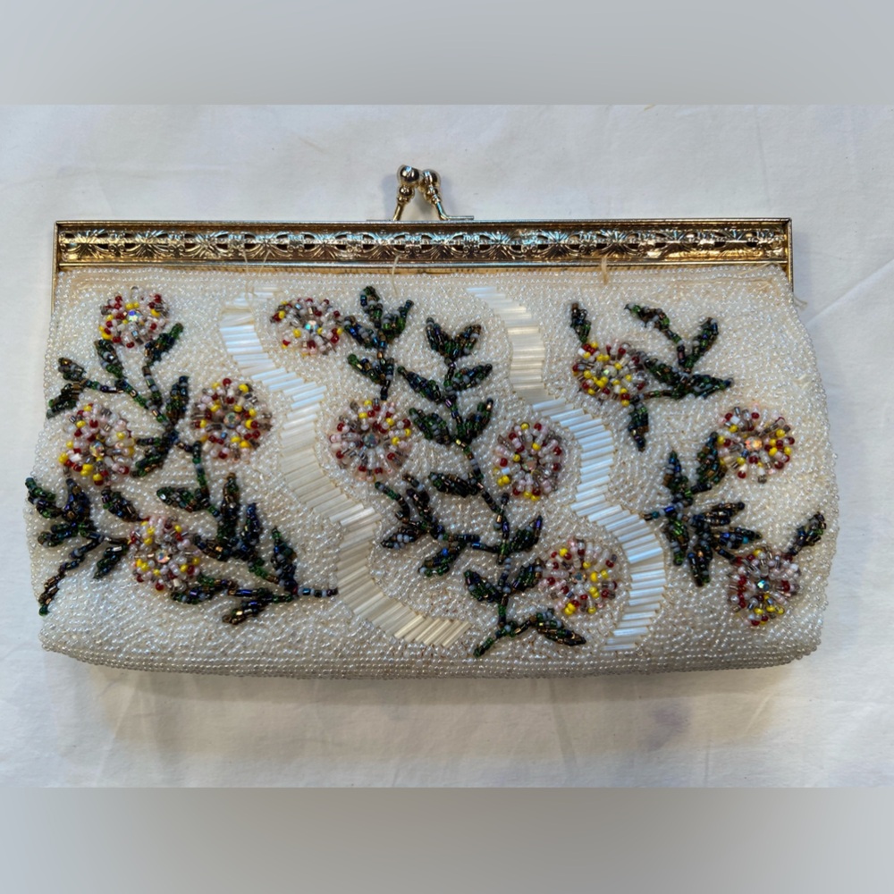 Vintage 50’s, Beaded clutch purse, light colors, floral - Picture 3 of 6